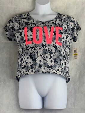Material Girl Juniors Active Love Graphic Short-Sleeve Top, Gray Floral, Medium